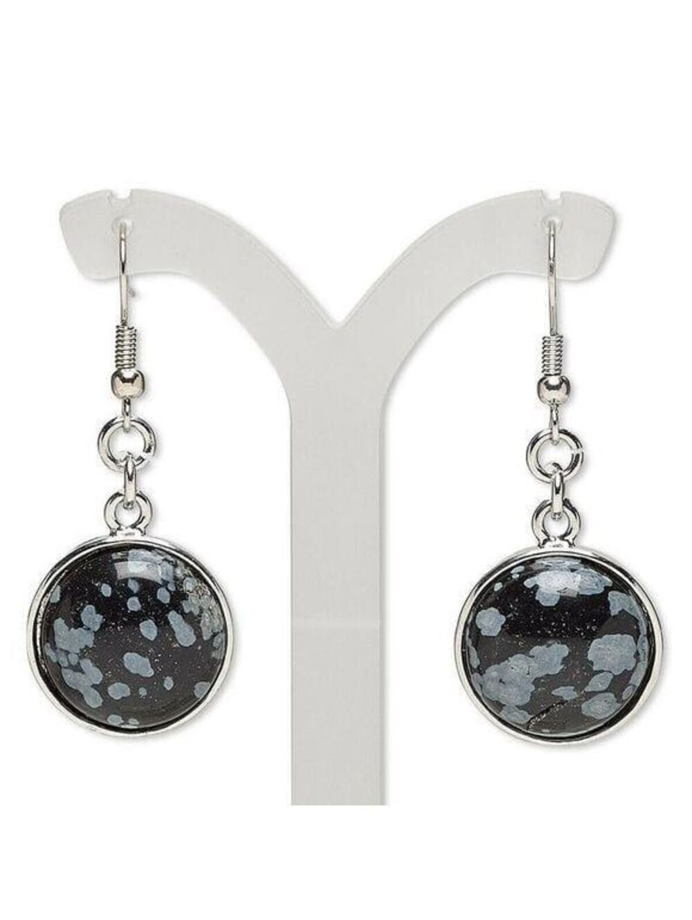 Handcrafted Natural Snowflake Obsidian Gemstone Cabochon Silver Dangle Earrings
